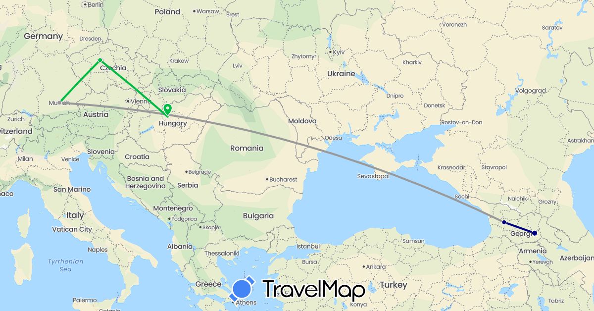 TravelMap itinerary: driving, bus, plane in Czech Republic, Germany, Georgia, Hungary (Asia, Europe)